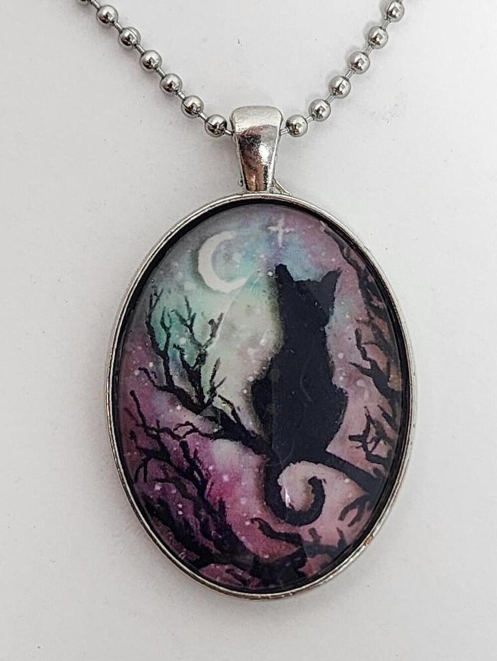 Crossing Paths Black Cat Oval Pendant Necklace